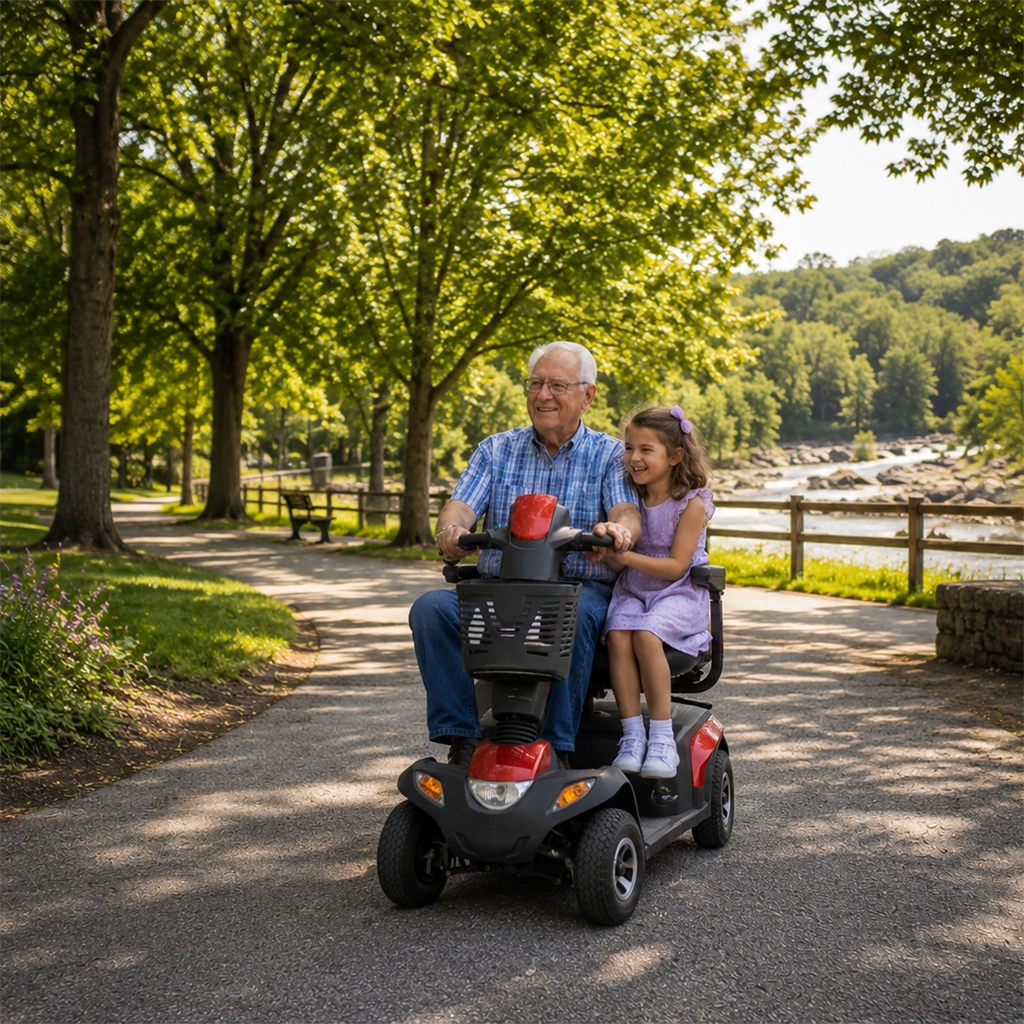 Elderly man and young girl smiling while riding a mobility scooter on a tree-lined park path.