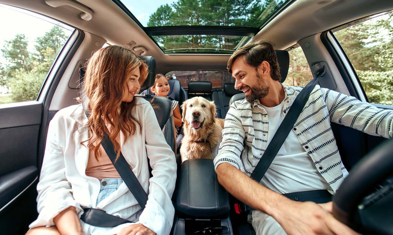 Parents, child, and dog in a car looking happy.