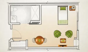 Private suite floor plan for memory care, featuring one bed, one bath, walk-in shower, and space for personalization, designed for comfort in Murrieta, CA.
