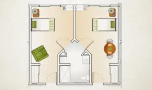 Private suite floor plan with two beds, shared bath, and living area, designed for memory care in Aurora, CO.