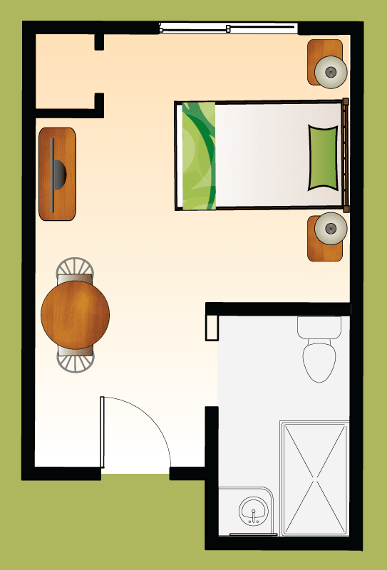Private suite floor plan for memory care, featuring one bed, one bath, walk-in shower, and space for personalization, designed for comfort in Murrieta, CA.