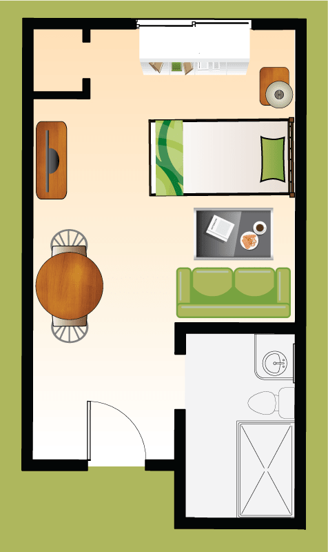 Companion suite floor plan featuring two beds, shared bath, and seating area with green chairs and a round table, designed for comfort in a memory care community.