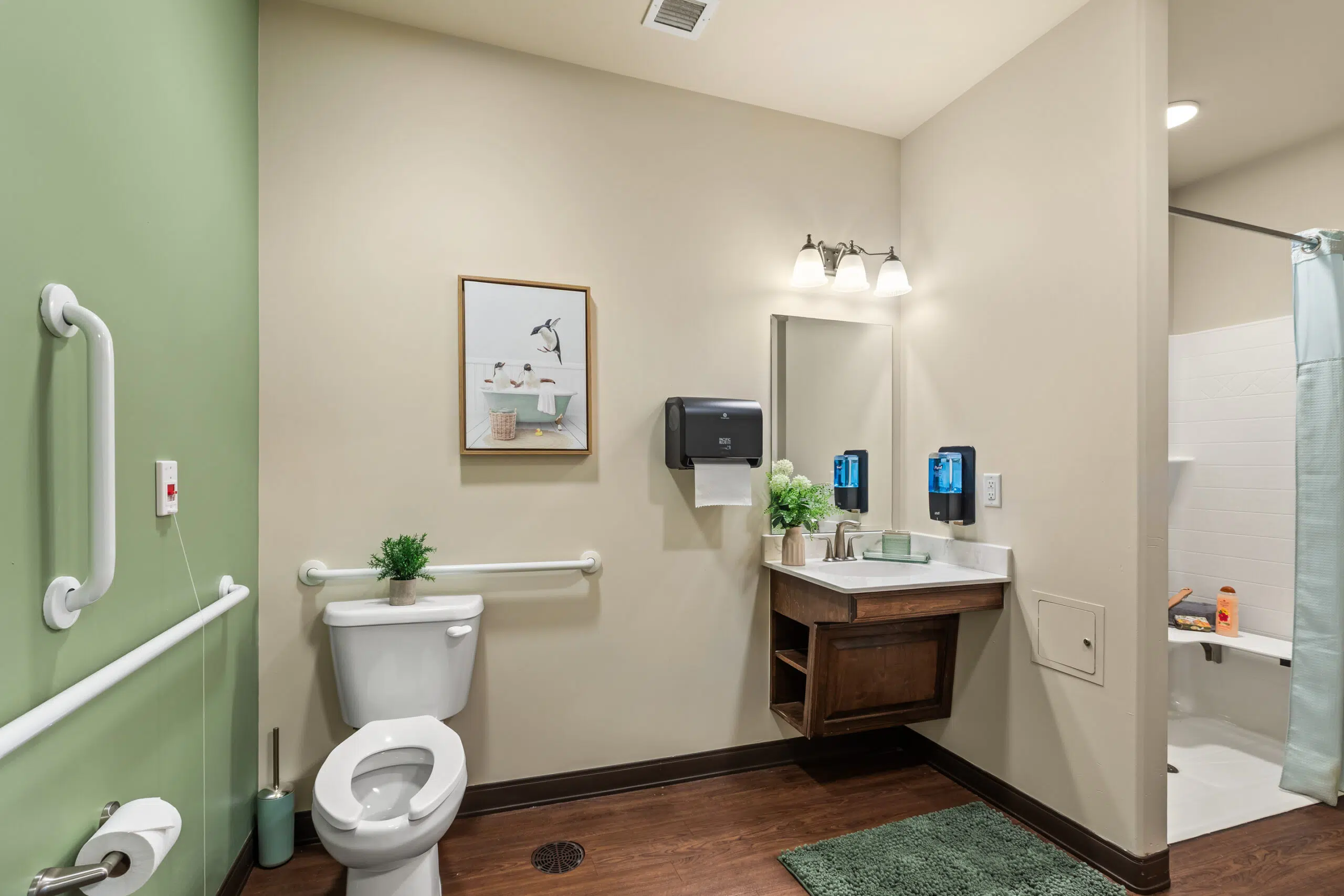 An accessible bathroom featuring a toilet with grab bars, a sink with an open-shelf vanity, and a roll-in shower visible to the right, all against beige and green walls.