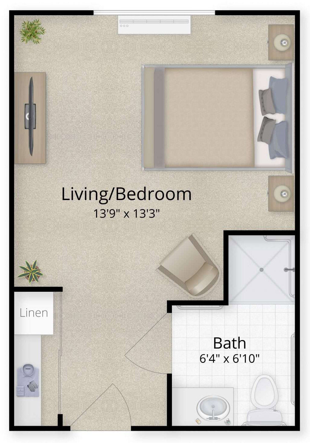 Private suite floor plan for memory care, featuring one bed, one bath, walk-in shower, and space for personalization, designed for comfort in Murrieta, CA.