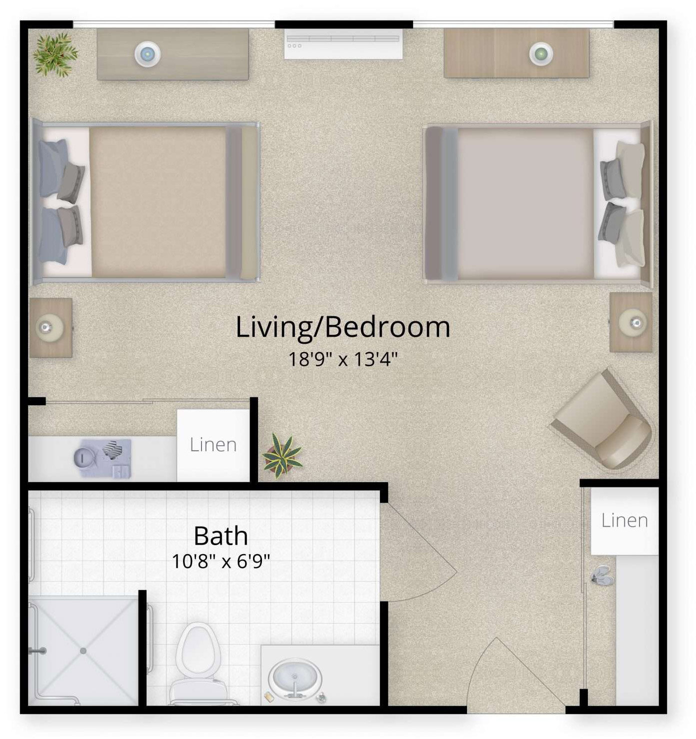 Private suite floor plan for memory care, featuring one bed, one bath, walk-in shower, and space for personalization, designed for comfort in Murrieta, CA.