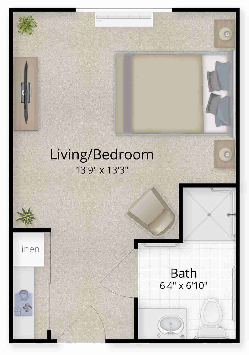 Private suite floor plan for memory care, featuring one bed, one bath, walk-in shower, and space for personalization, designed for comfort in Murrieta, CA.