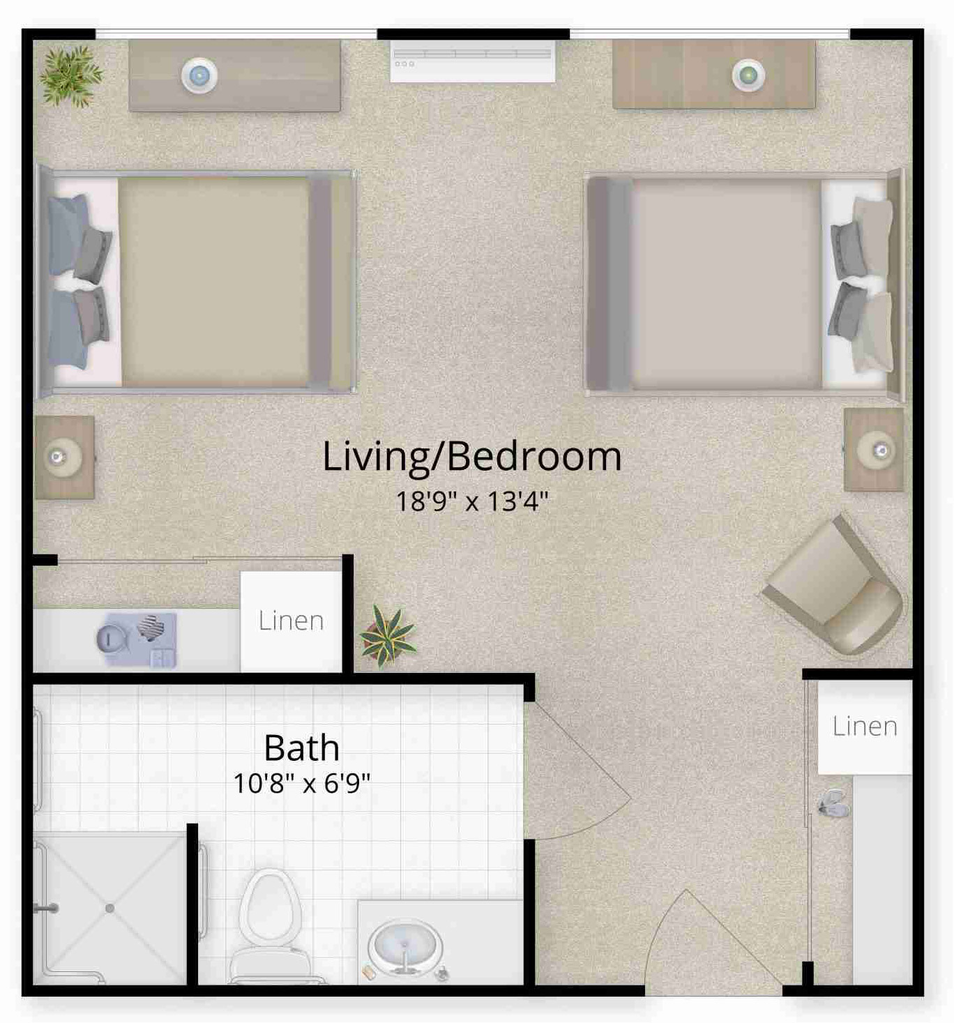 Private suite floor plan for memory care, featuring one bed, one bath, walk-in shower, and space for personalization, designed for comfort in Murrieta, CA.