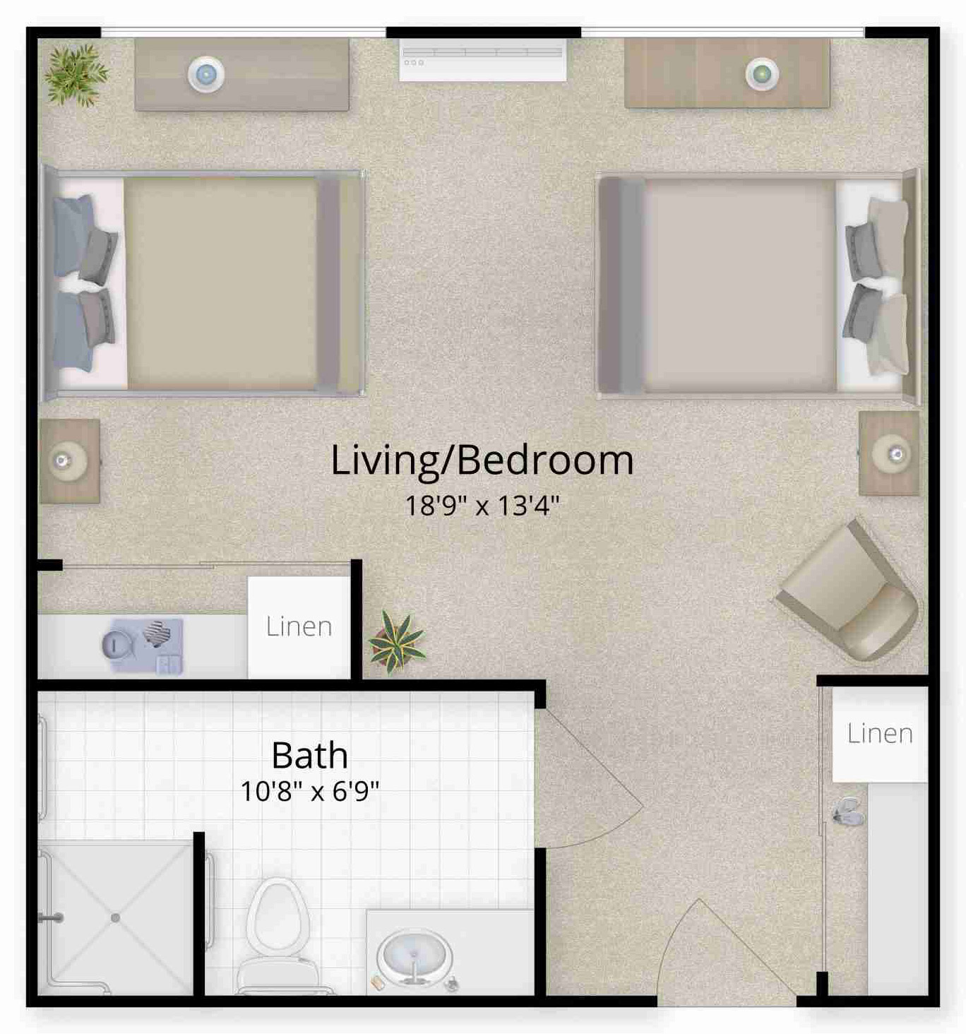 Private suite floor plan for memory care, featuring one bed, one bath, walk-in shower, and space for personalization, designed for comfort in Murrieta, CA.
