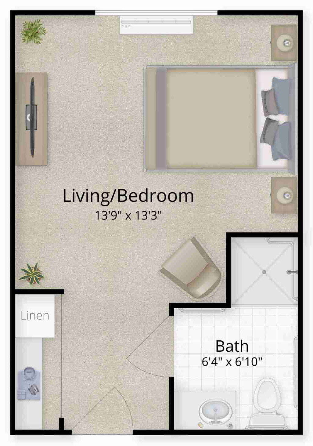 Private suite floor plan for memory care, featuring one bed, one bath, walk-in shower, and space for personalization, designed for comfort in Murrieta, CA.
