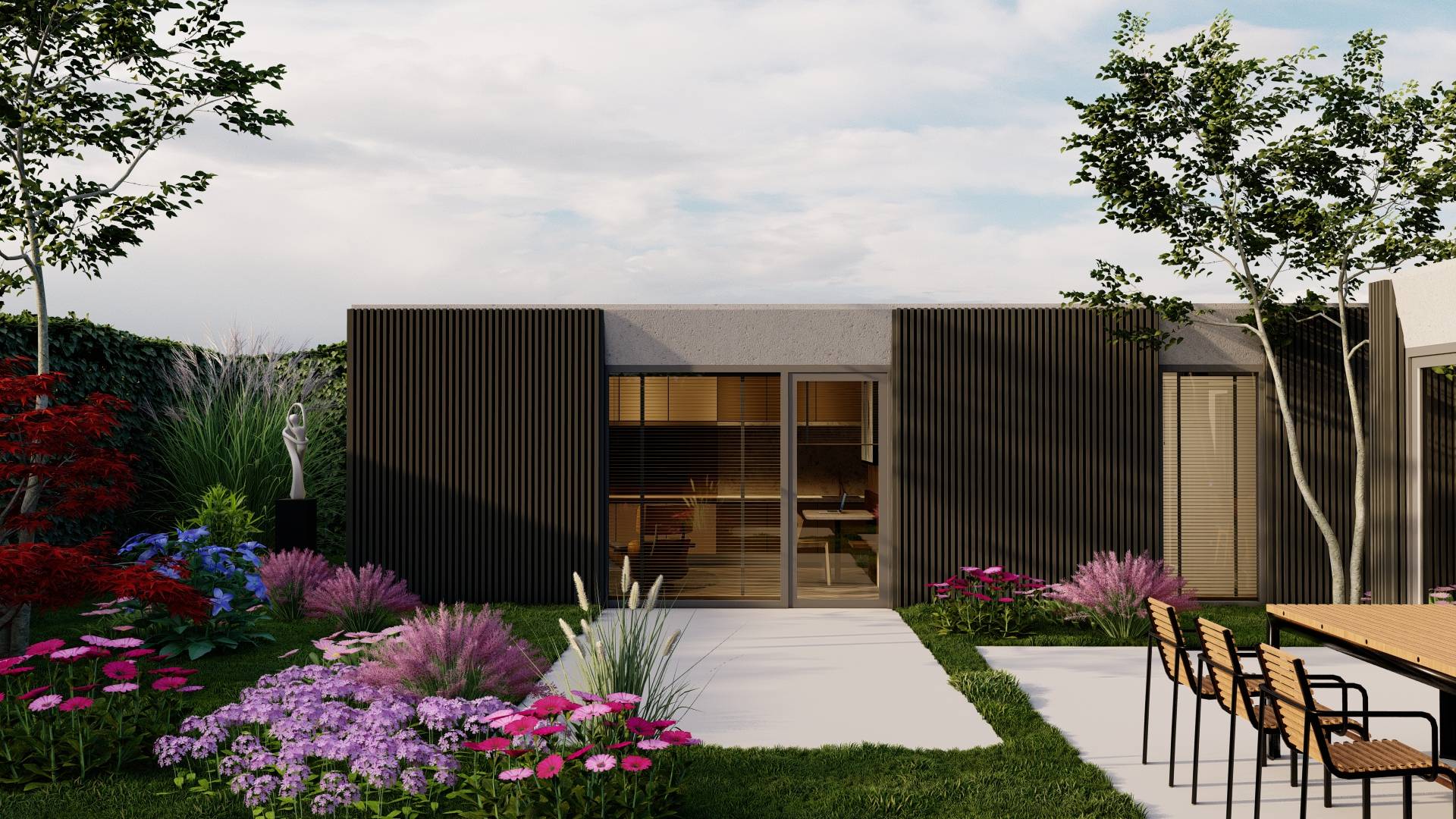 3D-visualisatie van een aanbouw met plat dak aan de tuinkant