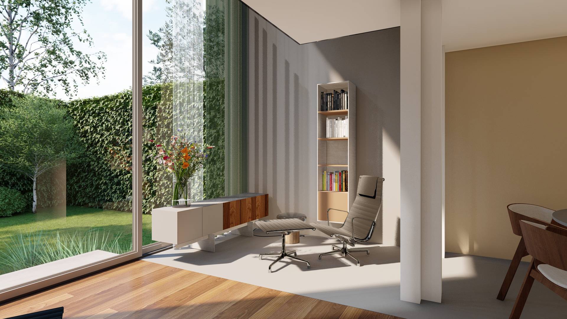 Modern living room with floor-to-ceiling glass window, beige lounge chair with footrest, floating cabinet, tall bookshelf, and a vase of flowers.