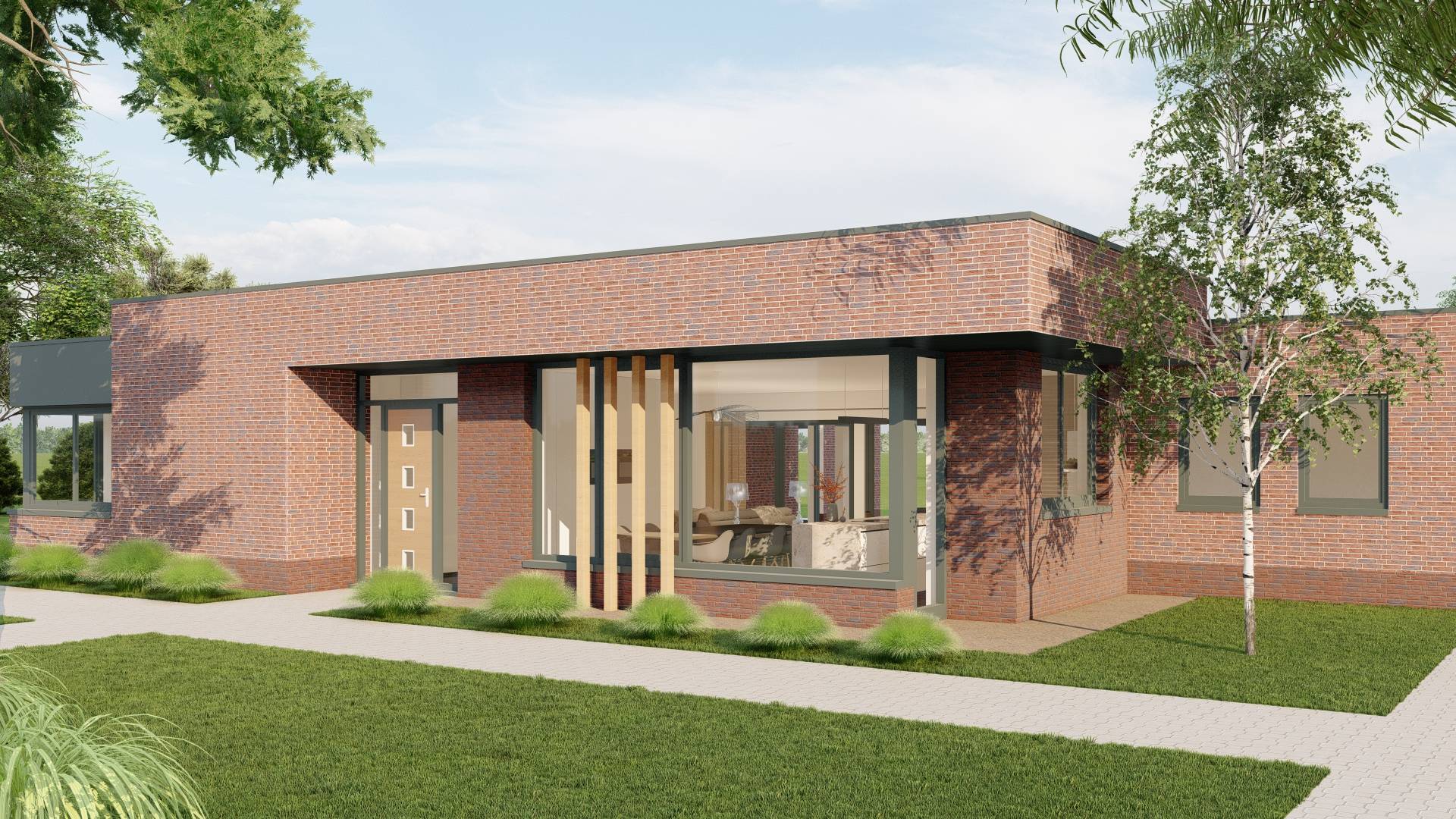Modern single-story brick house with large windows, a wooden front door, green lawn, and a birch tree.