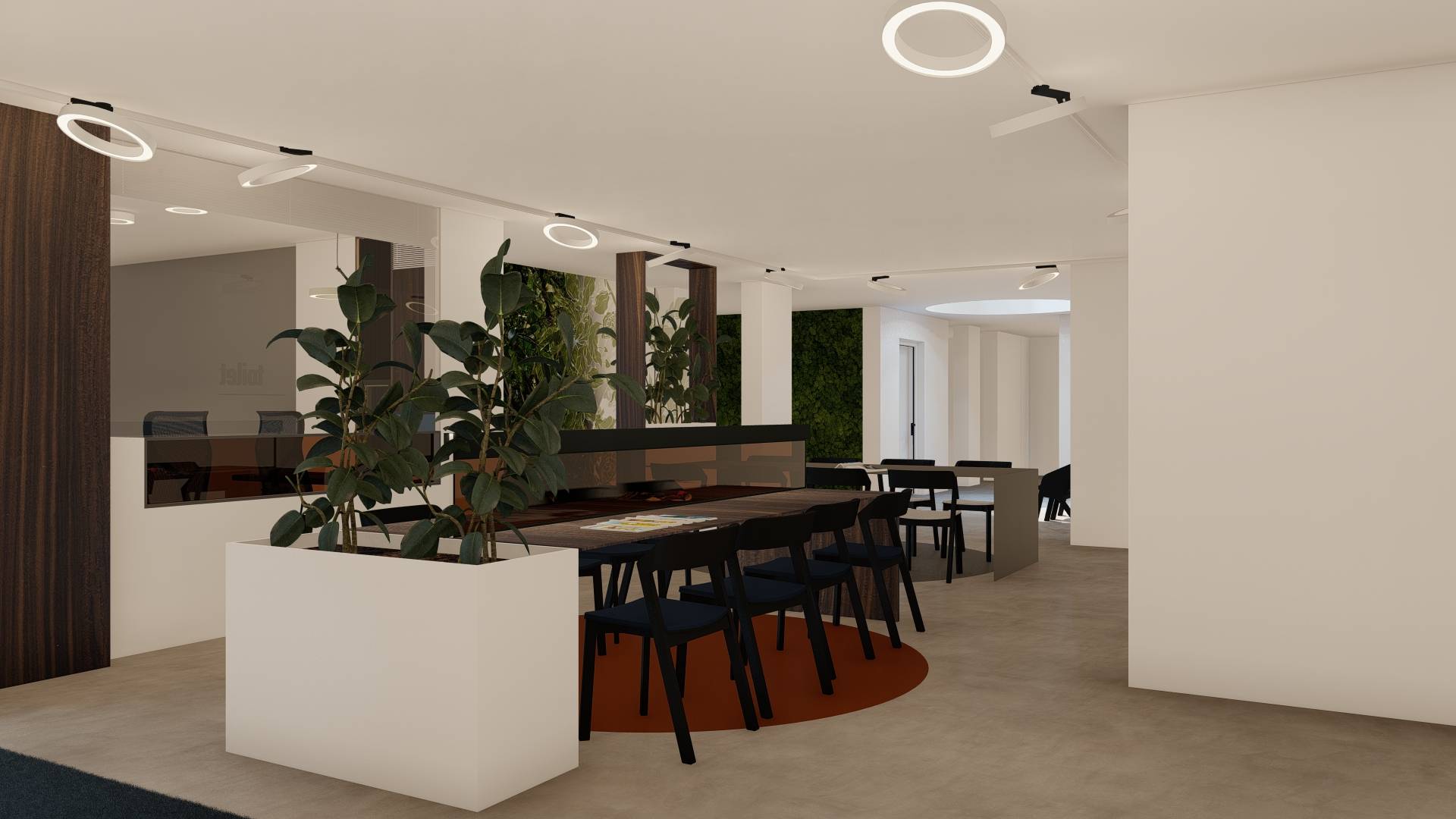 Modern office lounge with black chairs around a long wooden table, indoor plants in white planters, and round ceiling lights.