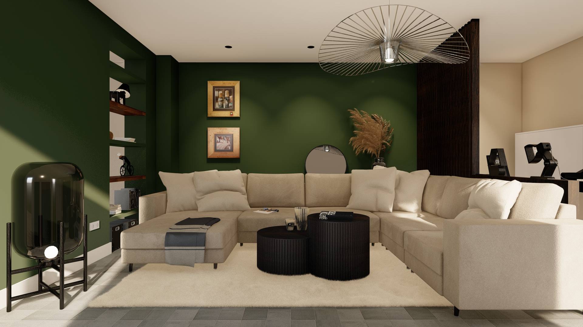 Modern living room with large beige sectional sofa, two black round coffee tables, green accent wall with framed art, and decorative grass in a vase.