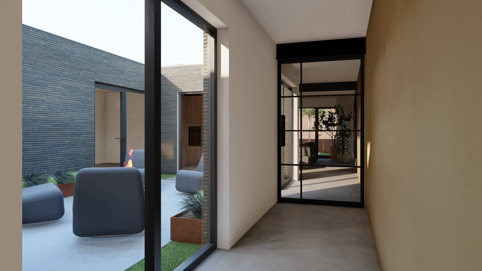 Modern corridor with glass door leading to a living room and a view of an outdoor patio with blue cushioned chairs and a fire pit.