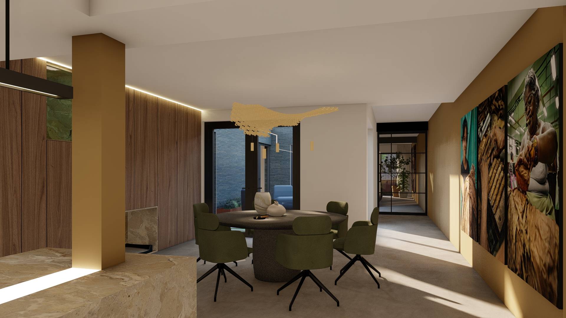 Modern dining area with round dark table, six olive green swivel chairs, beige vases on the table, wood-paneled wall, beige pillar, and large photographs of people on a golden wall.