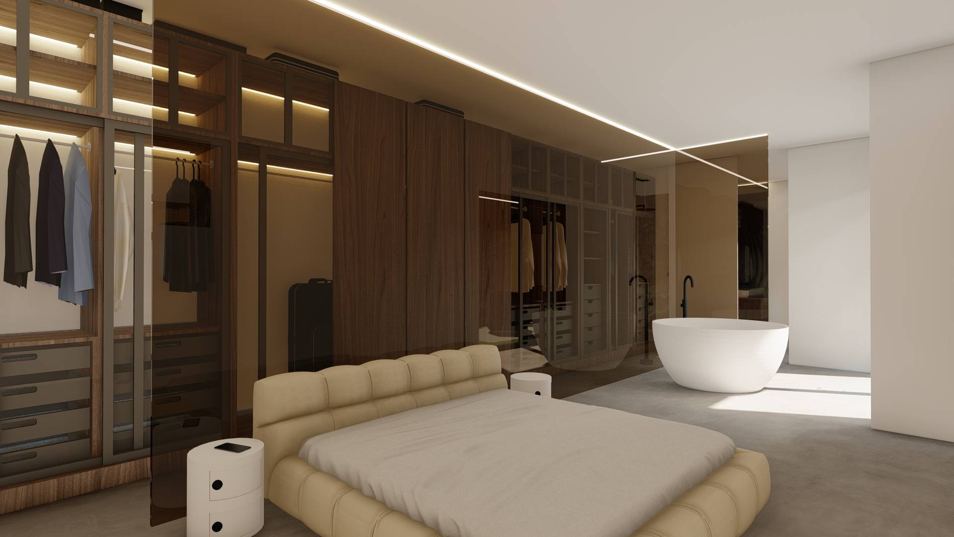 Modern bedroom with beige upholstered bed, round white nightstands, a large wardrobe with glass doors, and a freestanding white bathtub near floor-to-ceiling windows.