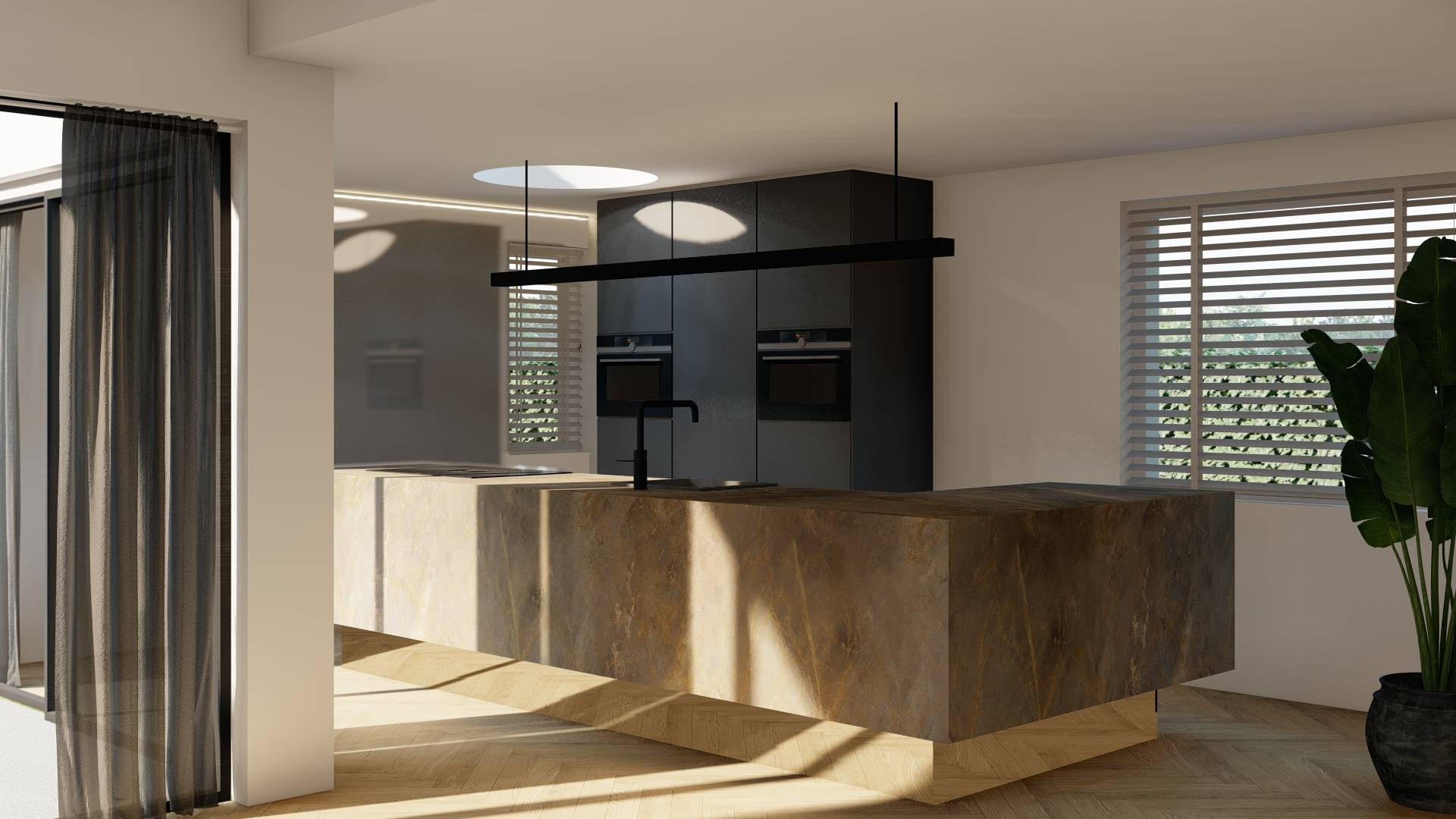 Modern kitchen with a large stone island, black built-in ovens, a black faucet, and sunlight streaming through a window with blinds and sheer curtains.