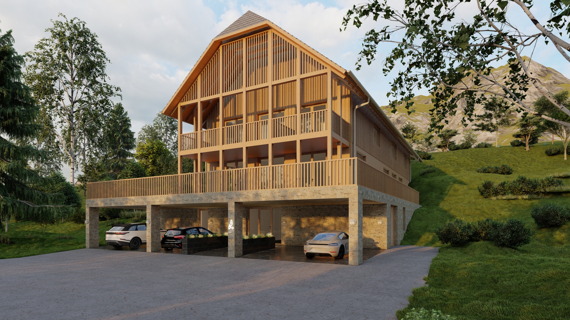 3D-visualisatie van een woongebouw met meerdere appartementen en balkons
