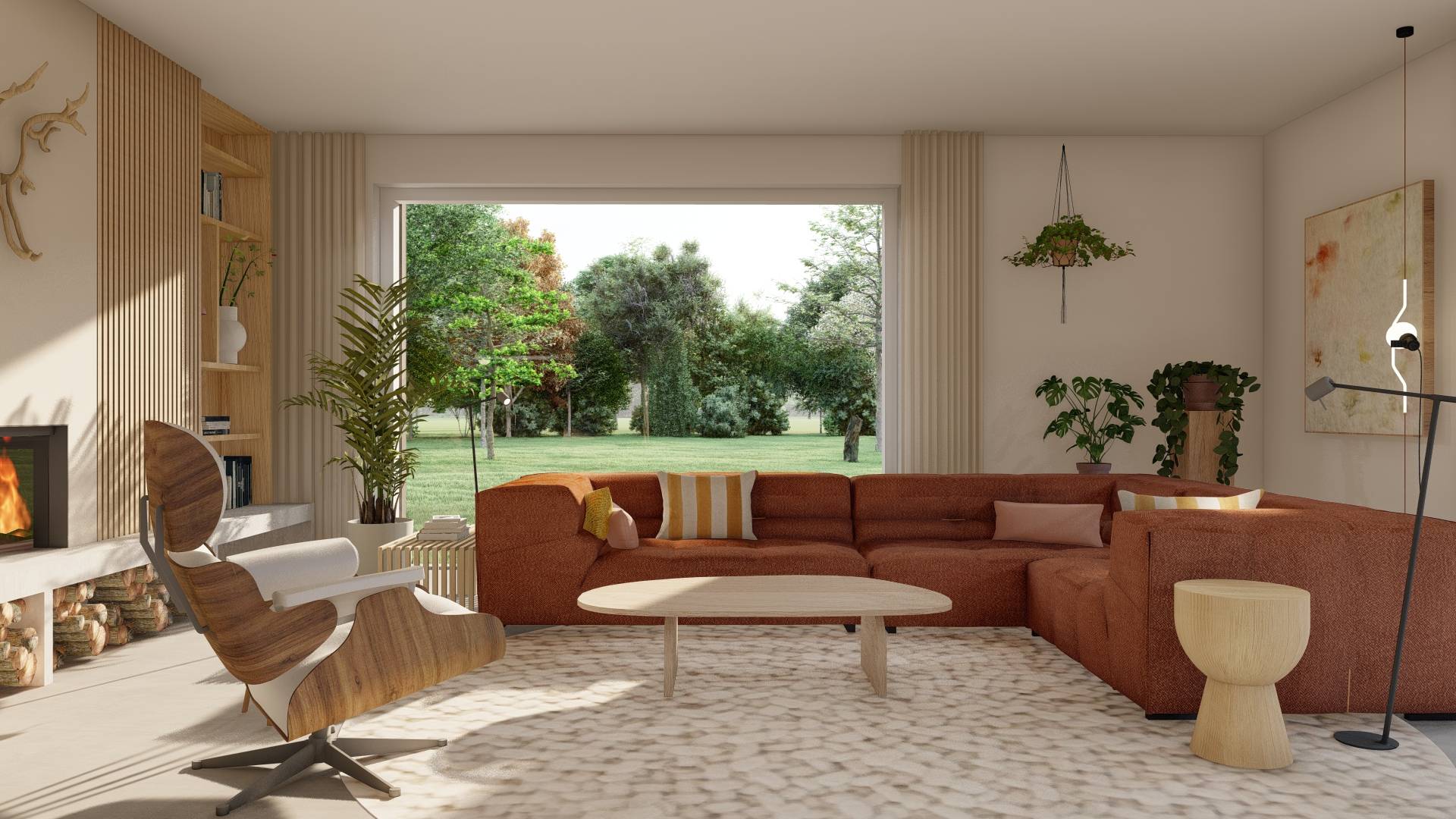 Modern living room with a large rust-colored sectional sofa, wooden lounge chair, wooden coffee table, fireplace, and large window showing green trees outside.