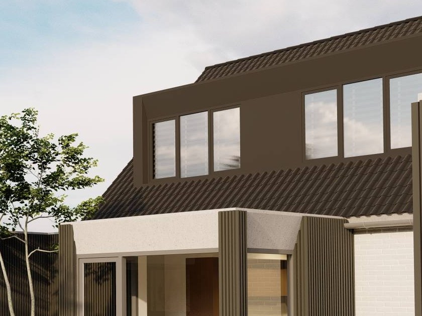 3D-visualisatie van een aanbouw met plat dak aan de tuinkant