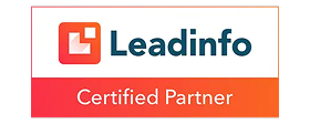 Logo Leadinfo avec texte « Partenaire Certifié » sur fond dégradé orange et rouge.