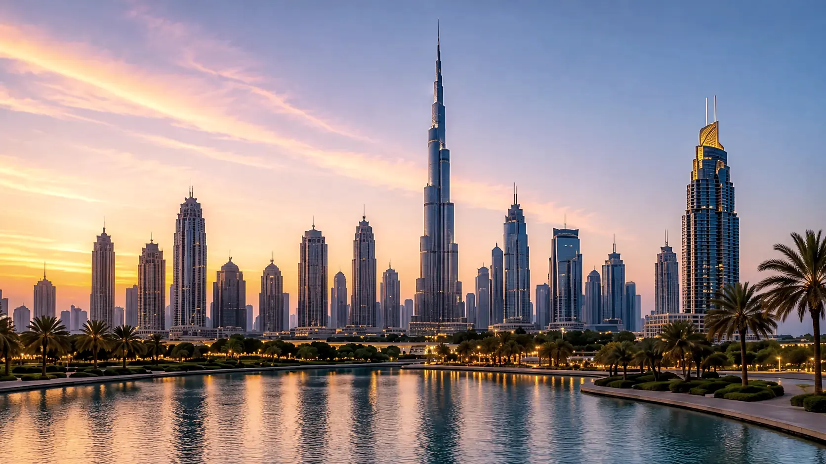 Dubai skyline at sunset with the Burj Khalifa overlooking a waterfront park