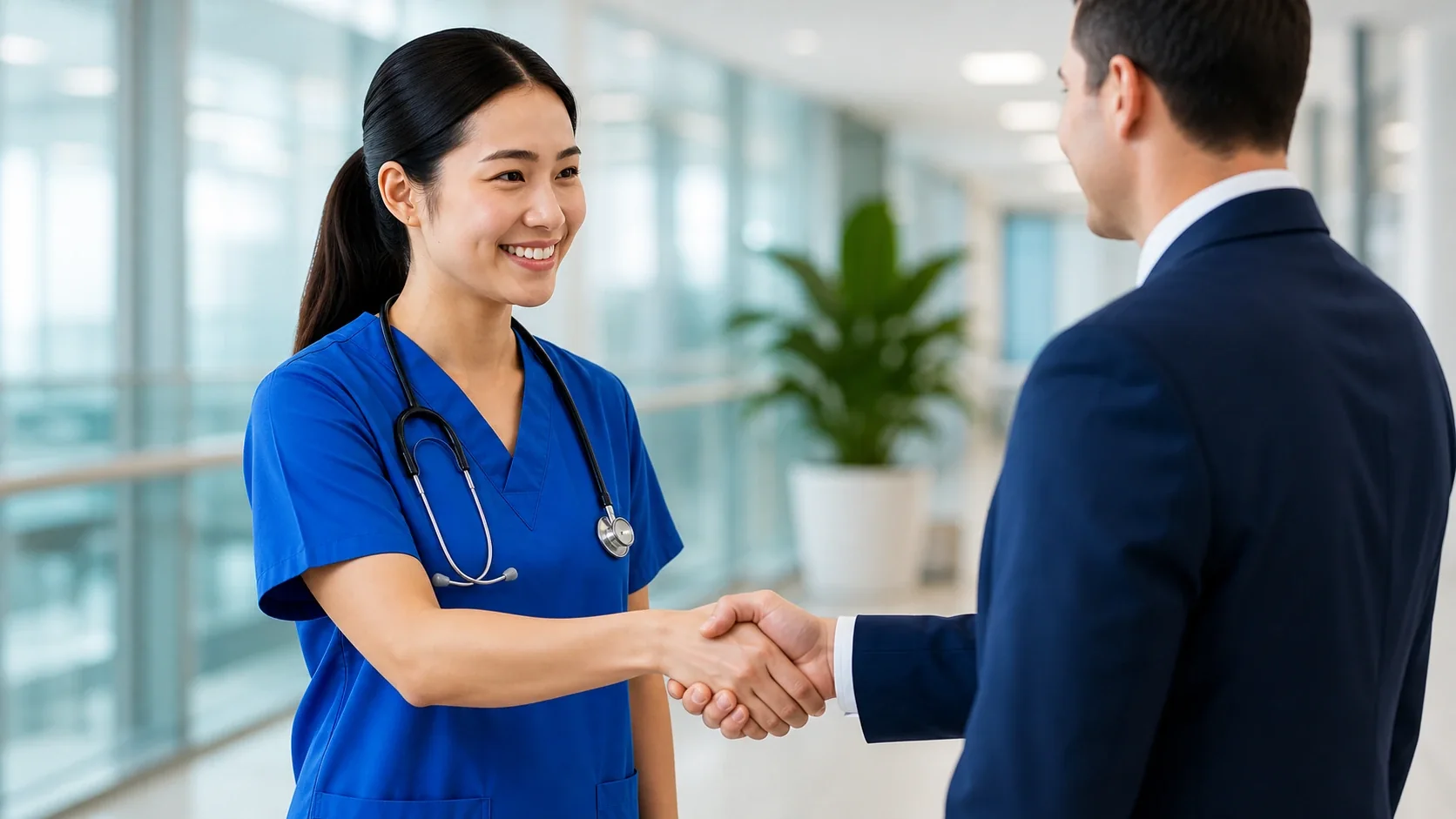 a female nurse shake hands with others and smiles