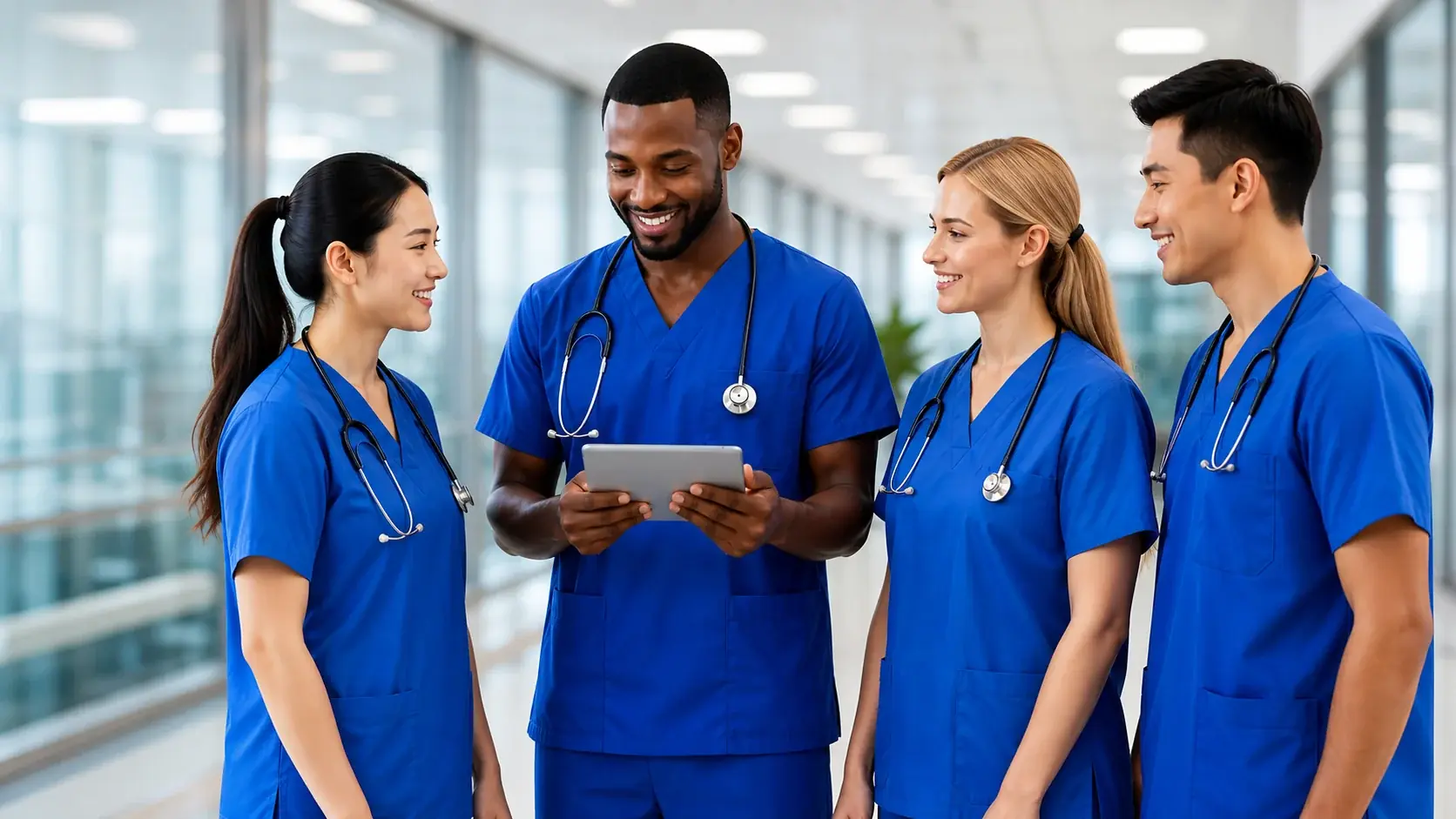four nurses stand together as a team