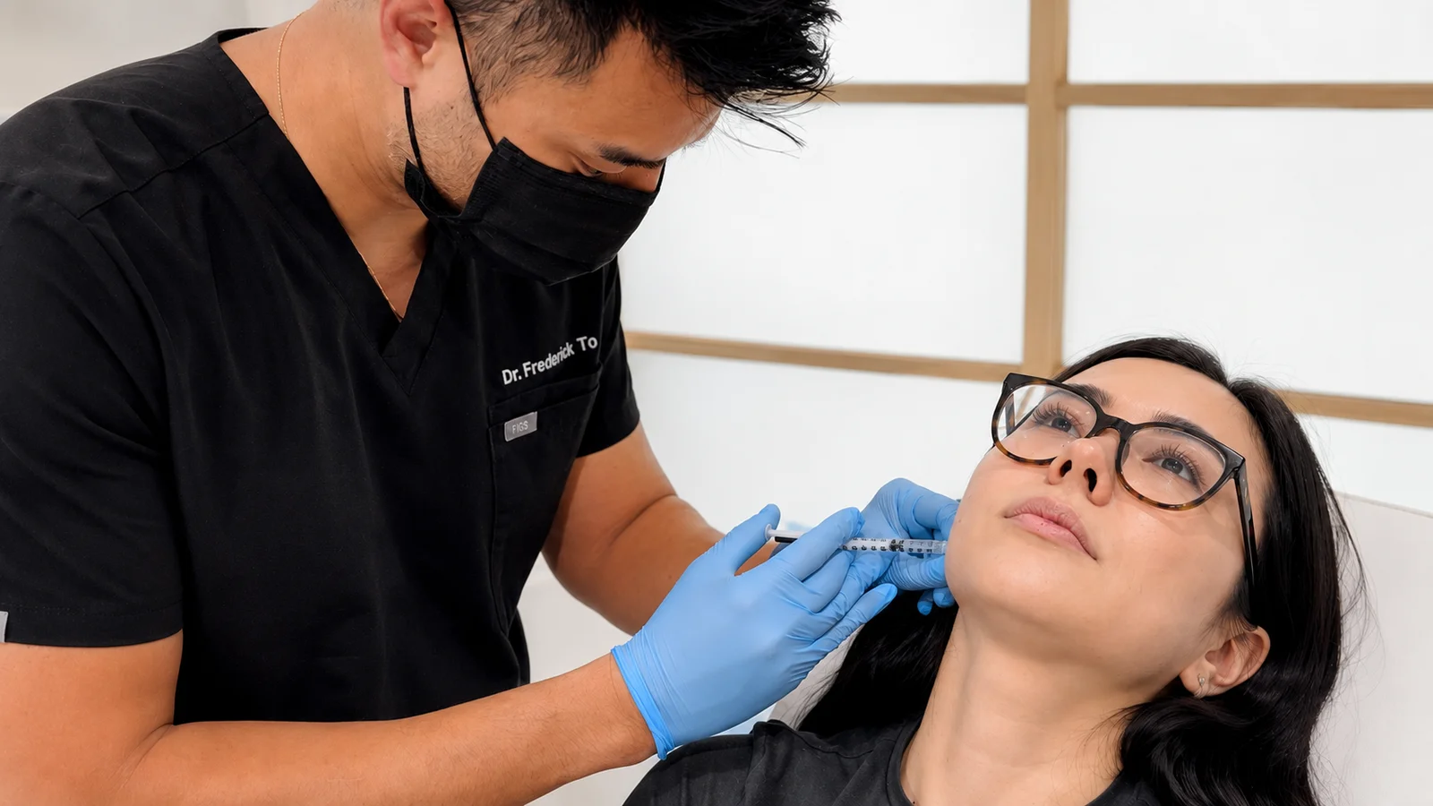 Masked physician injecting the jaw of a female patient during a Masseter Relaxer jawline slimming session