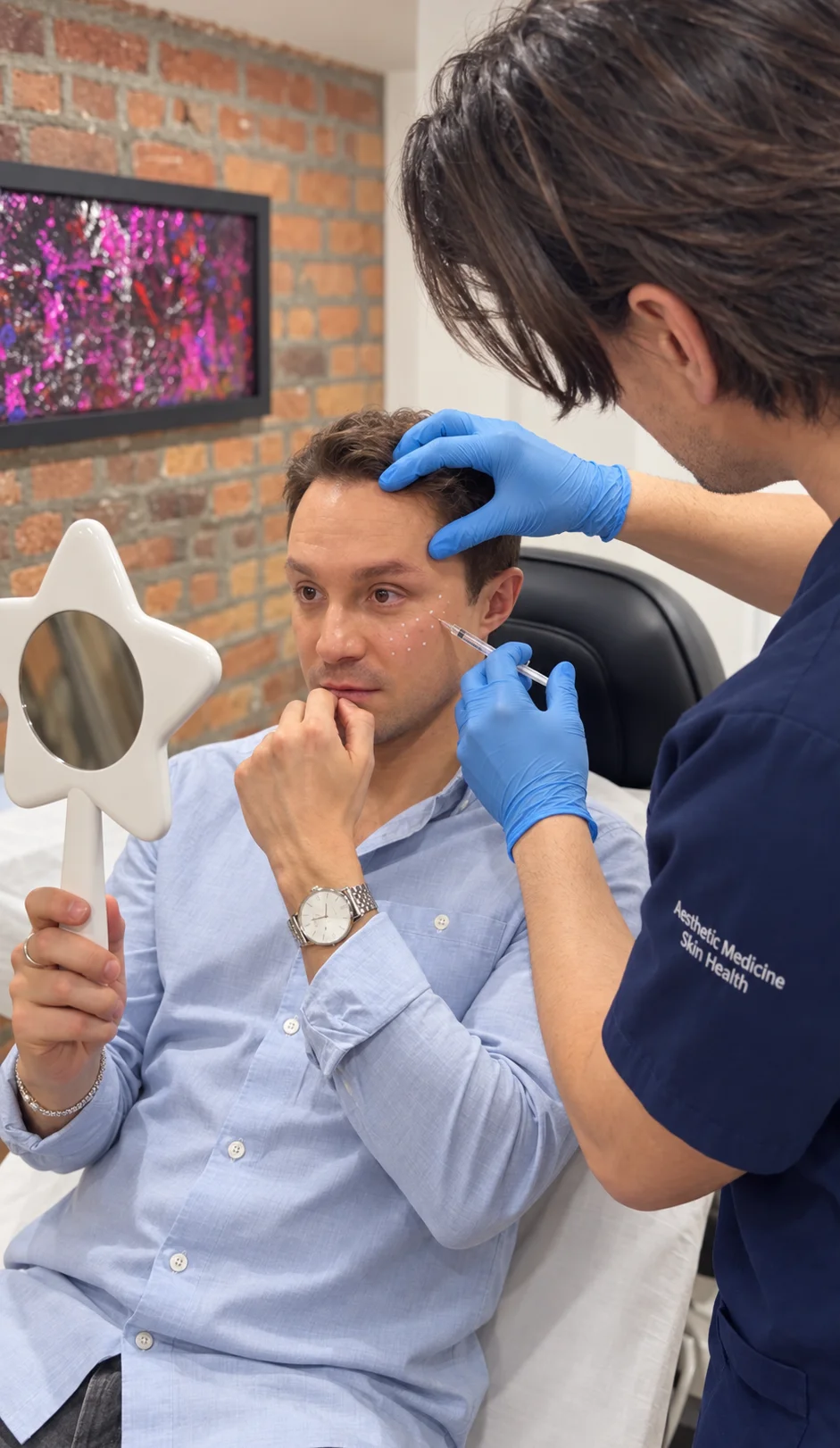 Physician performing skin booster injections below the eye of a male patient in a Montreal clinic