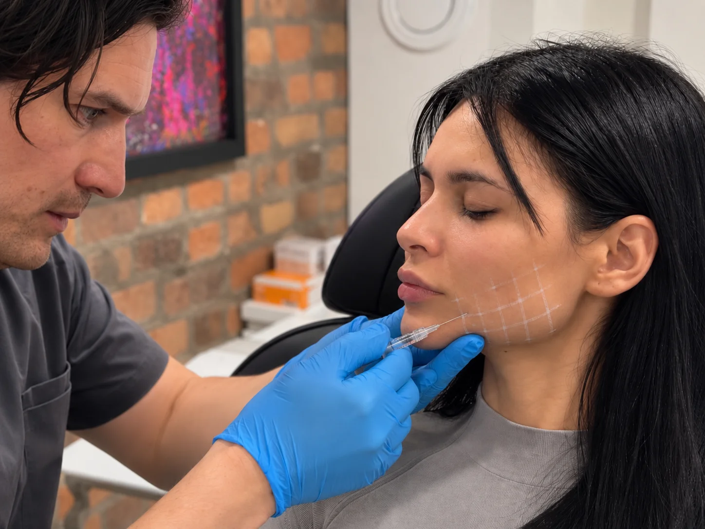 Médecin réalisant des micro-injections de skin booster sur un quadrillage tracé sur le bas du visage d'une patiente