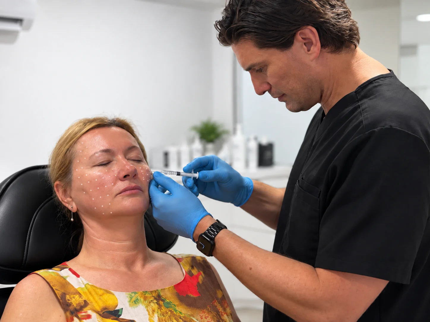 Micro-injections de skin booster réparties sur la joue marquée d'une patiente par un médecin à Montréal
