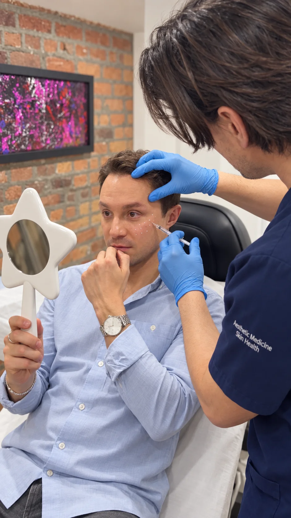 Patient tenant un miroir pendant qu'un médecin lui administre des injections de skin booster sous l'œil
