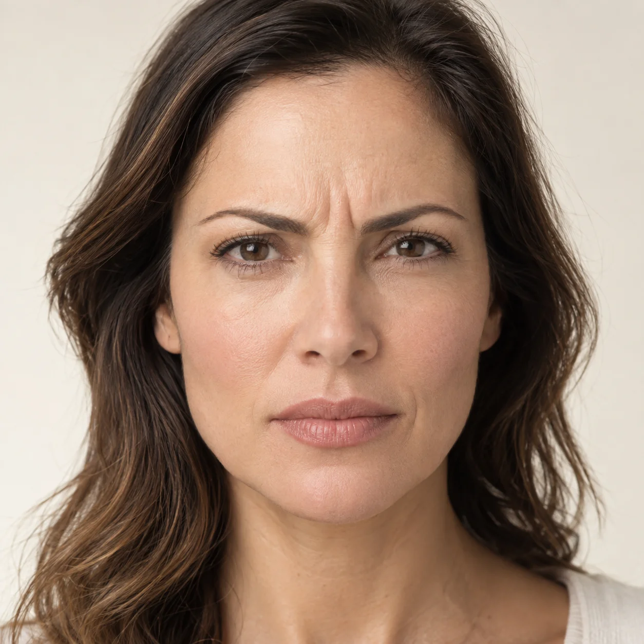 Vertical frown lines between the brows of a woman, softened by neuromodulator injections