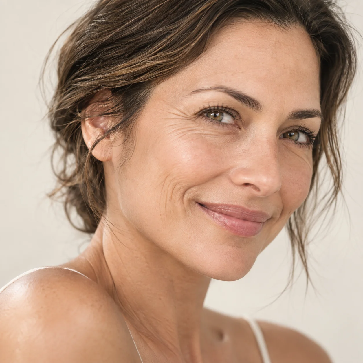 Fine lines at the corner of the eyes of a smiling woman, softened by neuromodulator injections