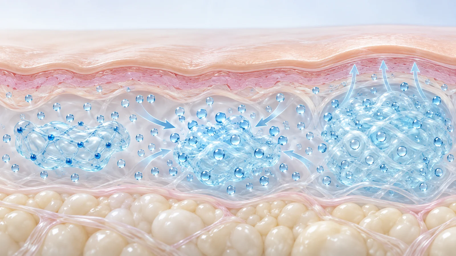 Cross section of the skin where dermal filler gel sits beneath the surface to restore volume