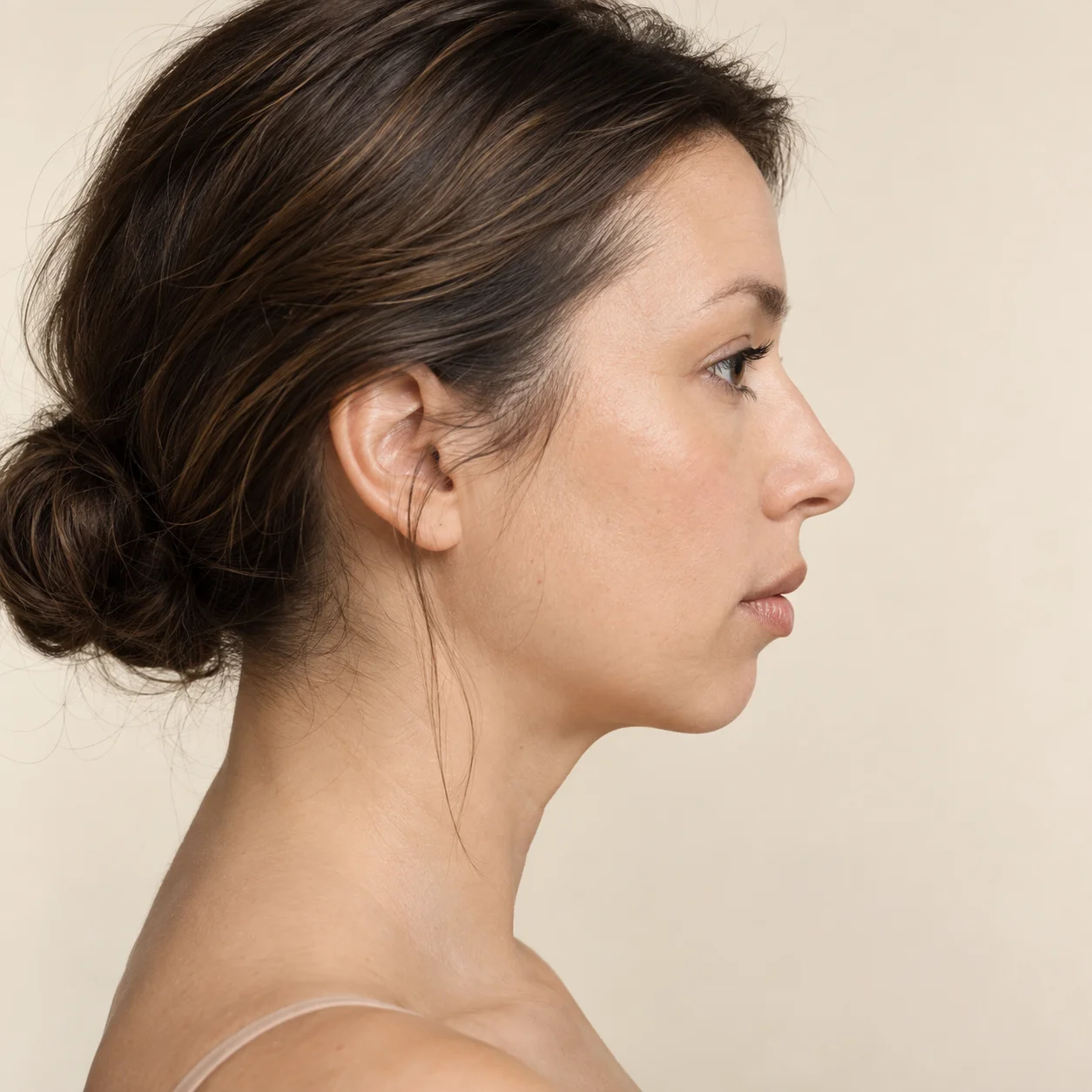 Profile of a woman with a receding chin, a projection that dermal filler can improve