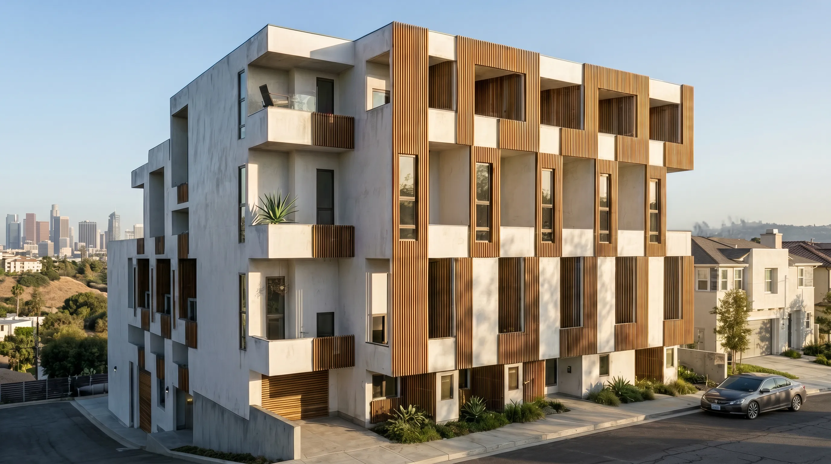 Modern multi-story apartment building with wood panel accents overlooking a city skyline in the background.