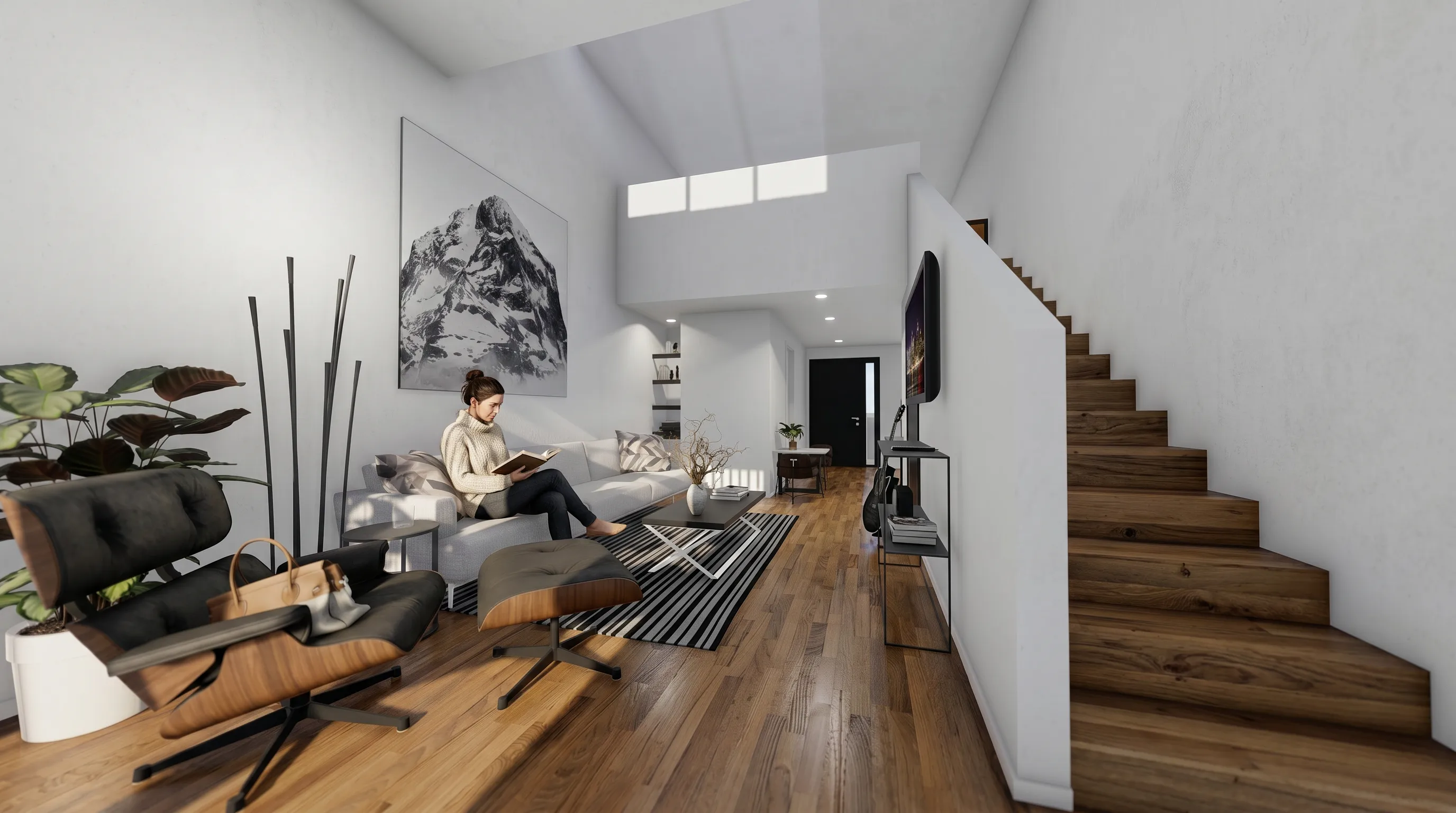 Modern living room with wooden floor, white walls, staircase, a woman reading on the sofa, and black chair with ottoman.