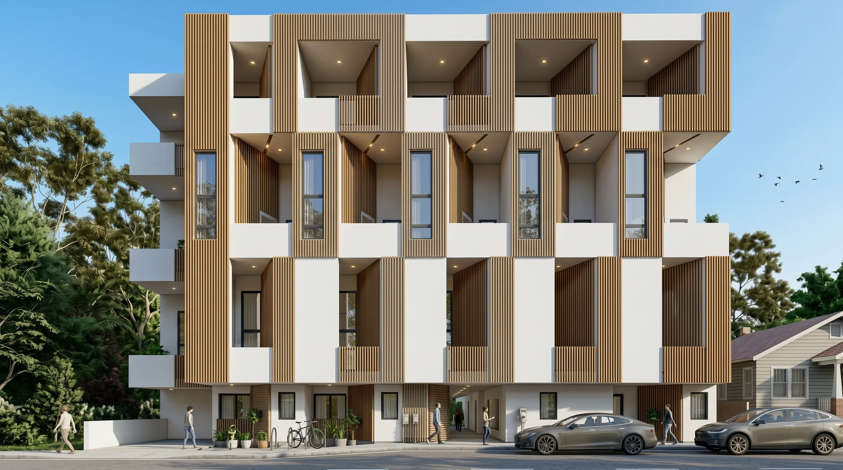 Modern three-story apartment building with white and wooden panel façade, balconies, parked cars, and pedestrians.