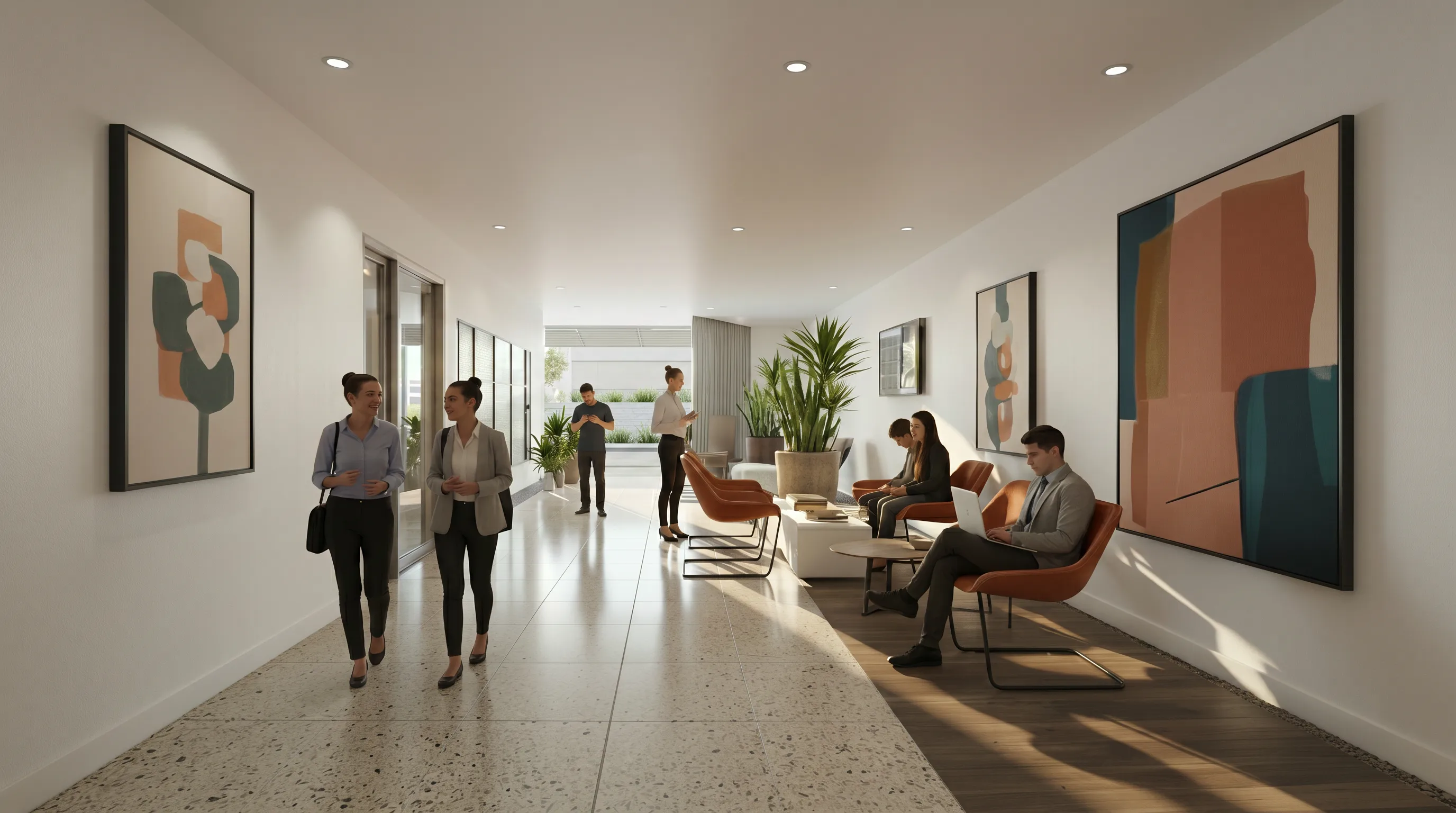 Modern office lobby with people walking, sitting, and talking amid abstract wall art and plants.
