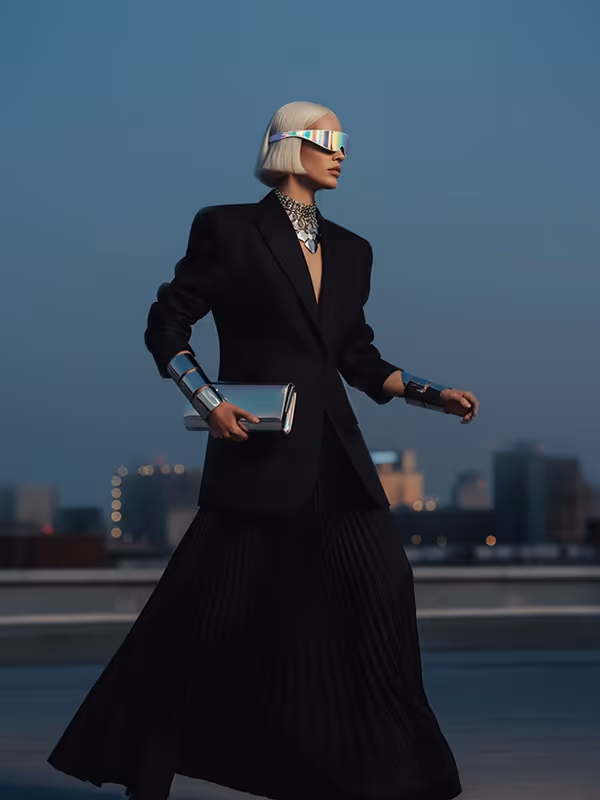 Woman with a platinum bob wearing black long dress, futuristic reflective glasses, and silver accessories outdoors.