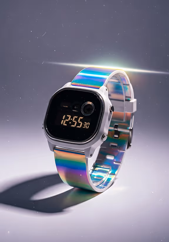 Modern digital watch with a square black face and shiny, iridescent rainbow-colored metal band.