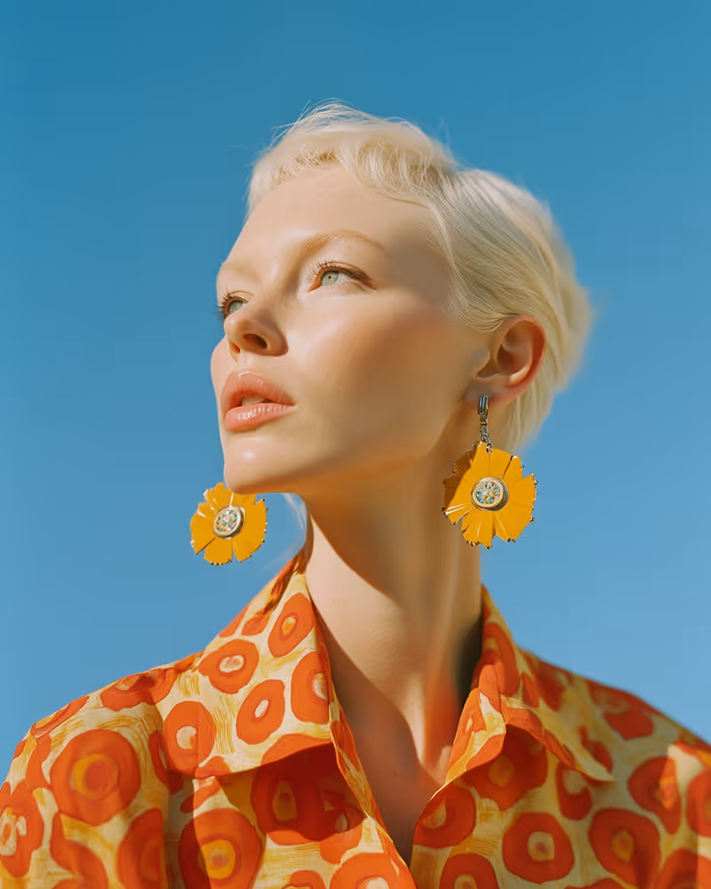 Blonde woman in patterned orange shirt wearing large yellow flower earrings against a blue sky.
