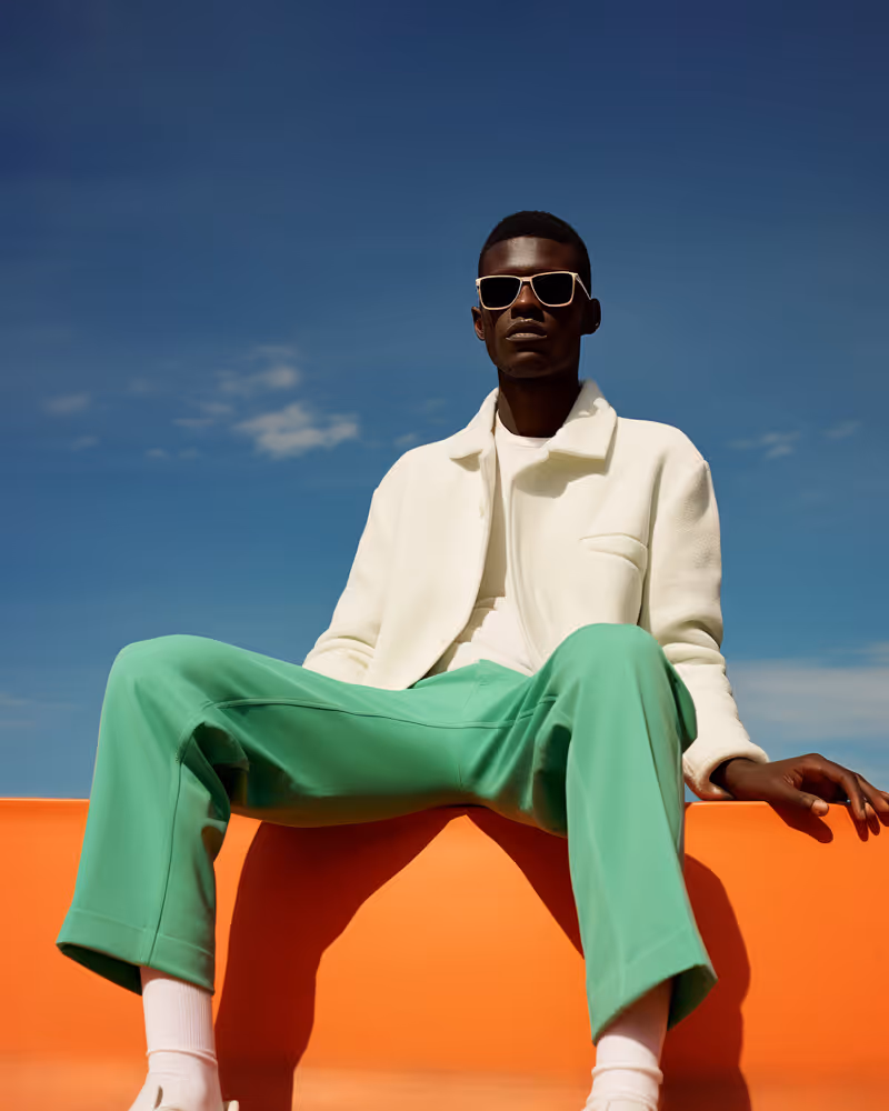 Man wearing white jacket and sunglasses sitting on orange bench against blue sky.