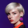 Portrait of a woman with short platinum blonde hair, bold makeup, and large purple earrings.