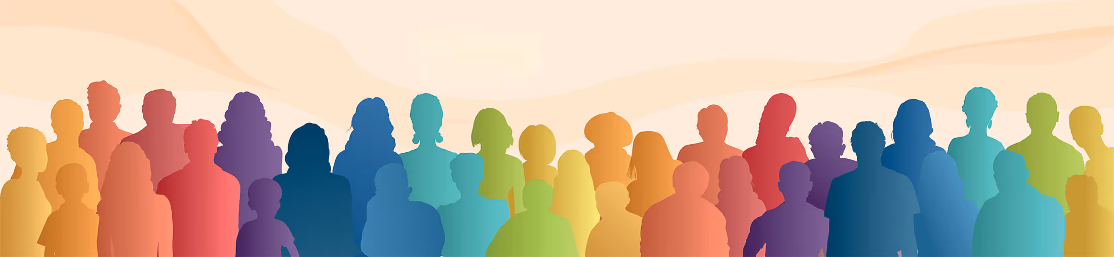 Silhouettes of diverse people in various colors standing close together on a light background.