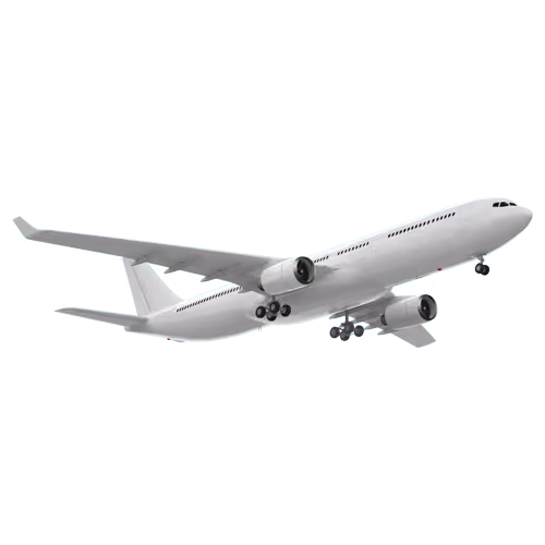 White commercial airplane in flight with extended landing gear and two jet engines under the wings.