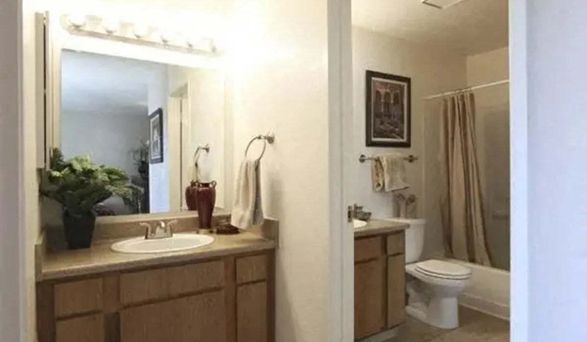 Bathroom with vanity and brown cabinets